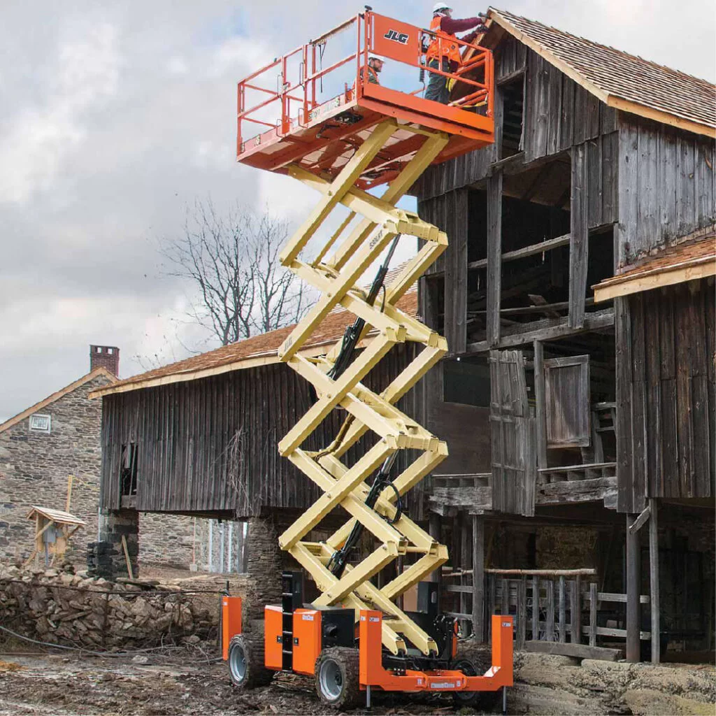 jlg rough terrain scissor lift repairing roof