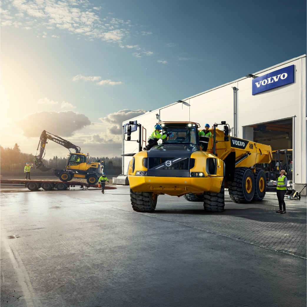 volvo articulated and excavator in volvo service area