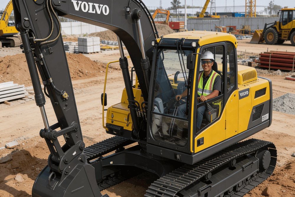 An operator smiling while operating a Volvo excavator.