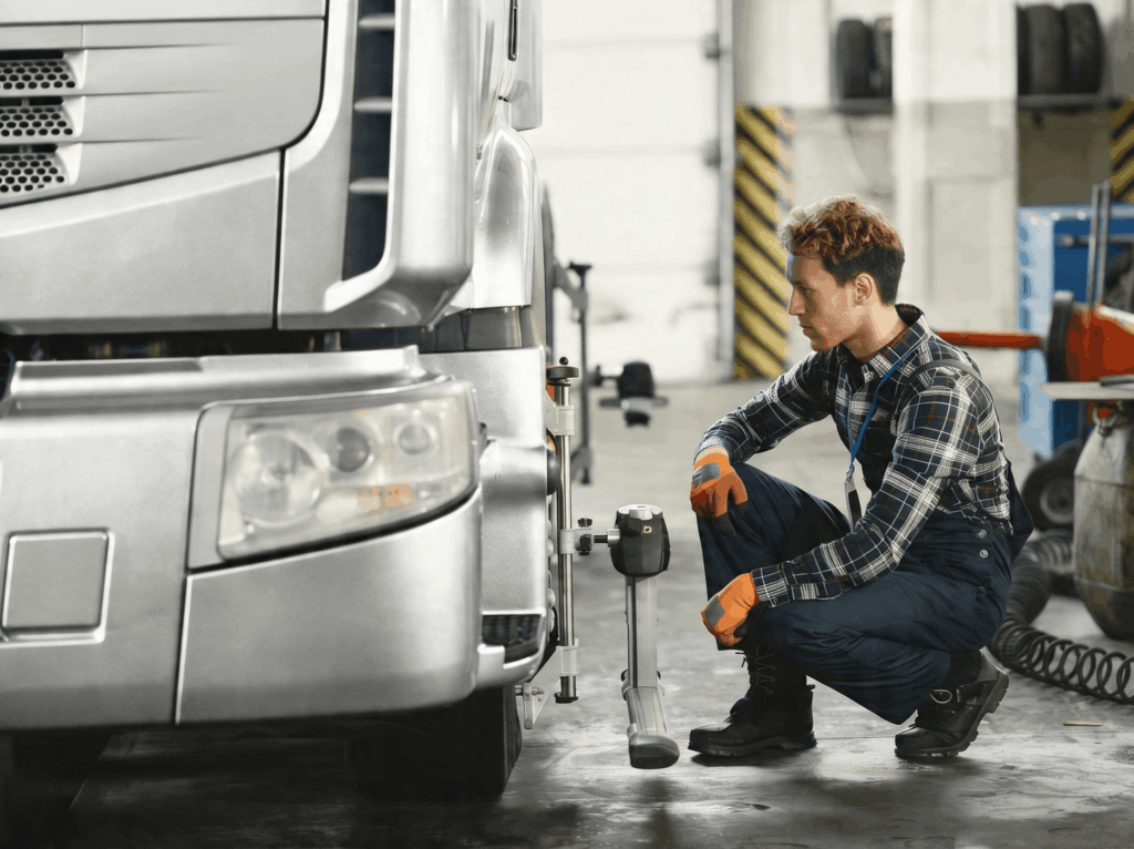 Technician inspecting truck to ensure proper maintenance for improved fuel efficiency