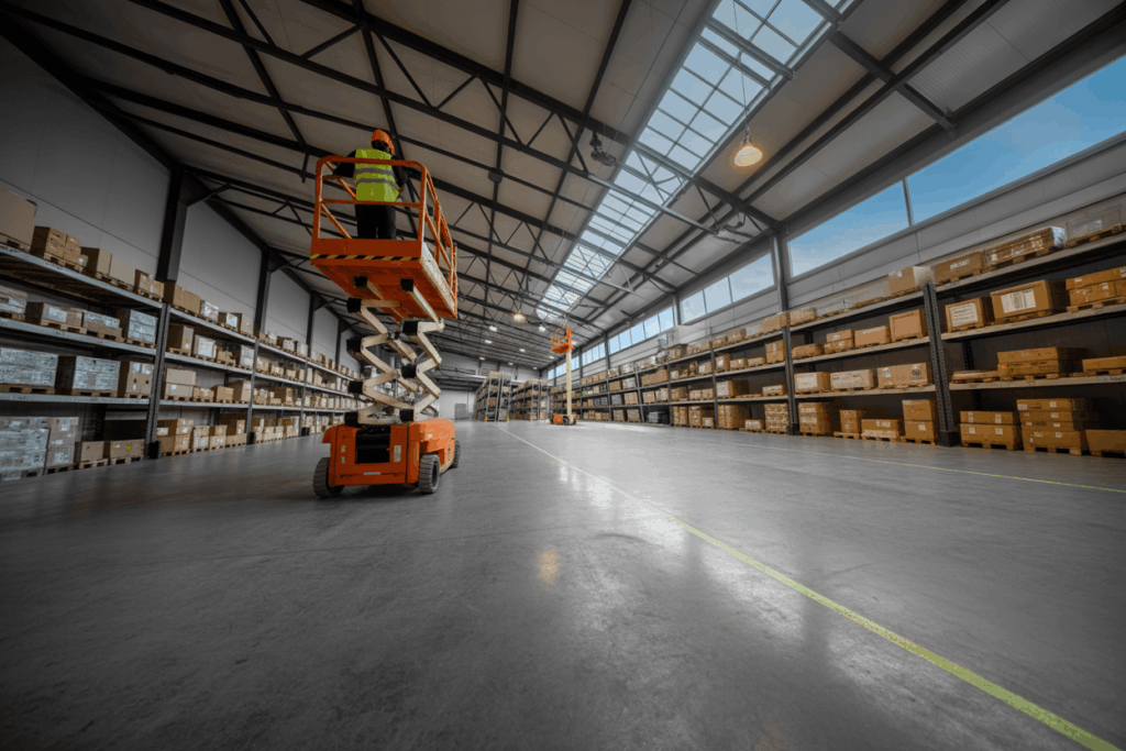 Manlifts used to manage inventory in a warehouse.