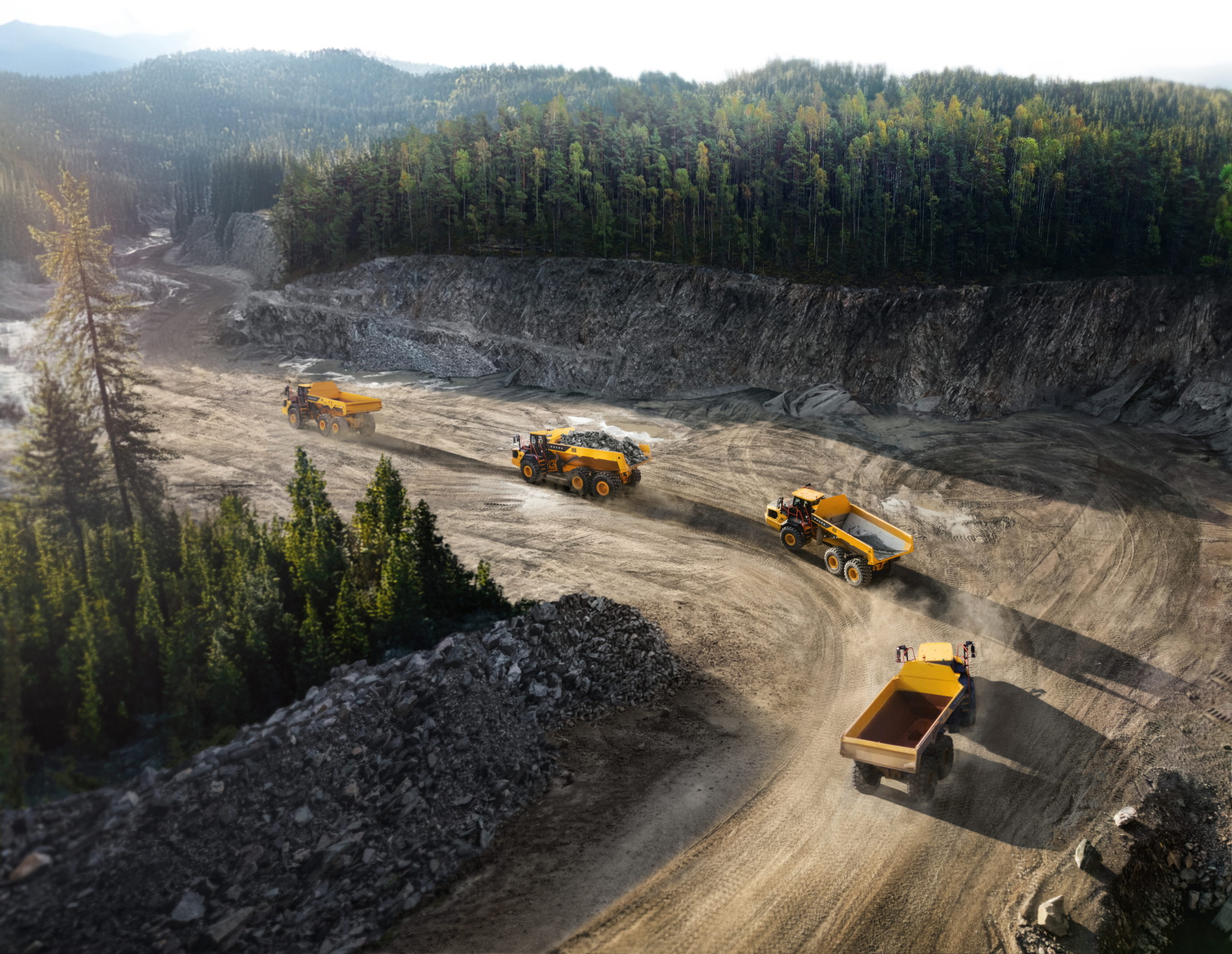 A fleet of four yellow Volvo articulated dump trucks traveling along a winding dirt road inside a massive rock quarry surrounded by dense green forest.