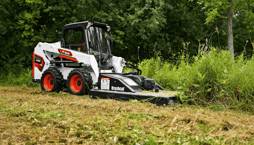 Bobcat skid steer loader clearing tall grass with a brush cutter attachment in a green field