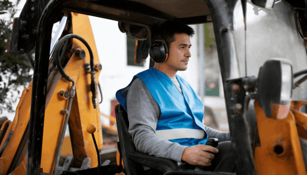 A heavy equipment operator seated inside a construction vehicle cab using controls on a job site