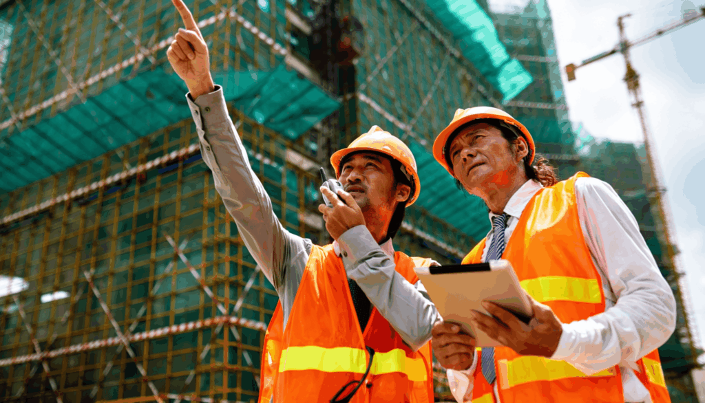 Two engineers in hard hats and safety vests inspect a high-rise project