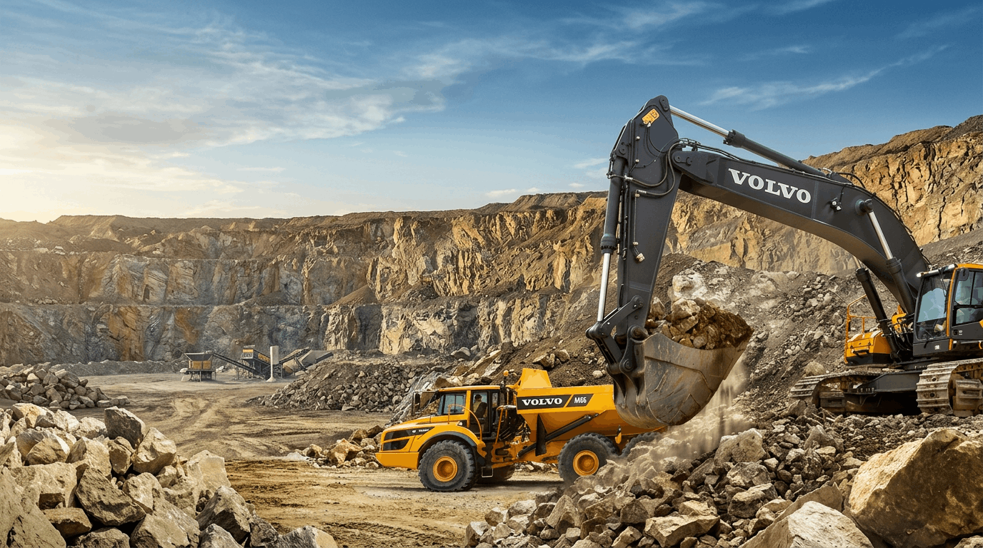 A Volvo excavator transfers heavy materials into a haul truck