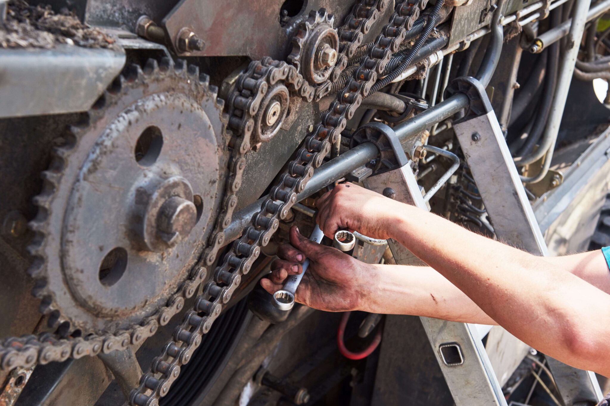 Close up of repairs done on heavy equipment.