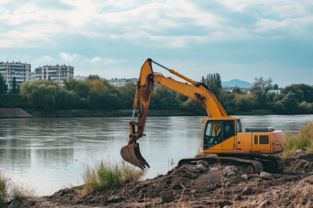 Dragline excavator being used by a body of water.