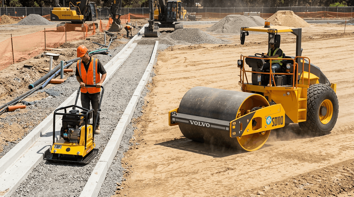 Plate compactor and vibratory roller in a construction site.