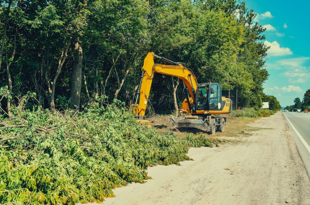 Wheeled excavator clearing branches on the side of the road.