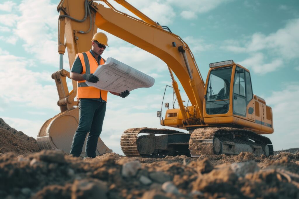 Worker with blueprint in front of an excavator.