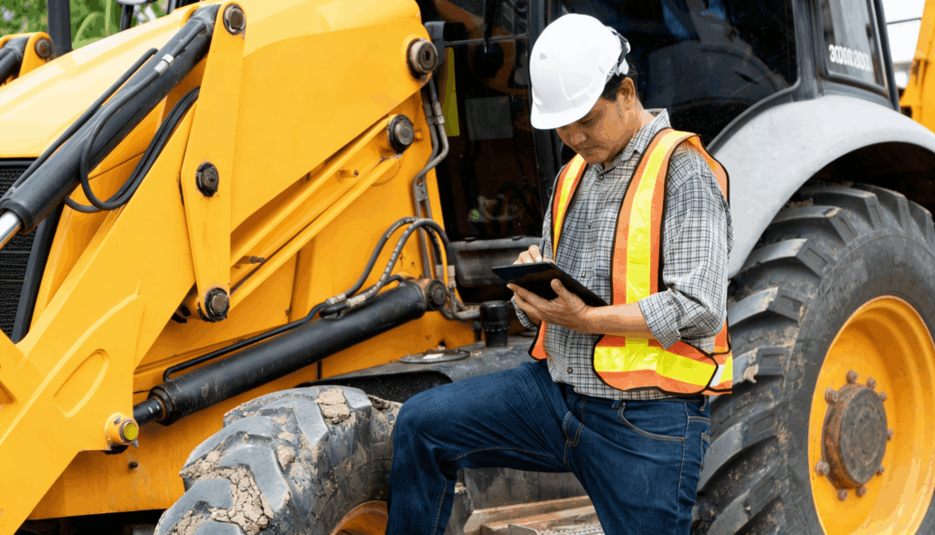 Construction worker in a white hard hat, safety vest, and jeans reviewing a tablet while leaning against a yellow backhoe loader on a job site.