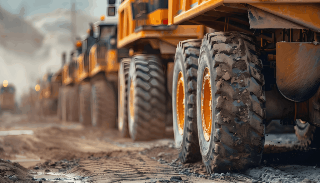 Close-up ground-level view of large mud-covered tires on a line of yellow heavy construction dump trucks on a dirt road.