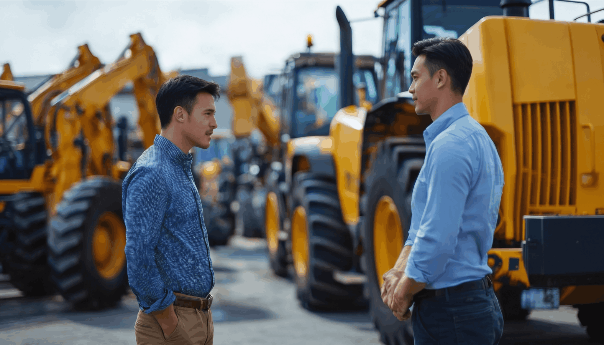Two men in casual button-down shirts are talking in front of a row of construction equipment and excavators.